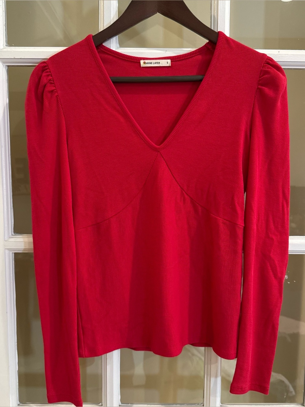 Marine Layer Ribbed Long Sleeve V Neck Top, Fuchsia Pink Sz S